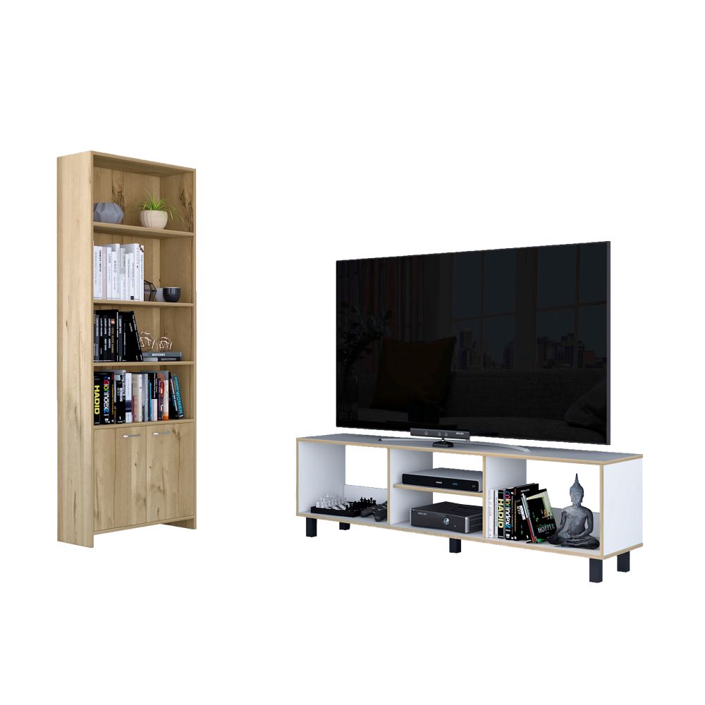 Rack TV + Biblioteca Lisa Color Nomik Blanco y Duna Para Sala De Estar